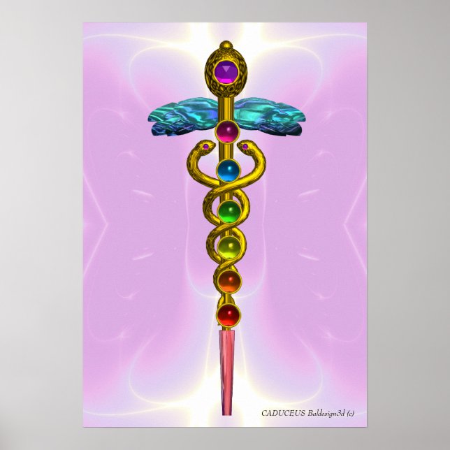 GOLD CADUCEUS 7 CHAKRAS,Yoga,Medical Light Pink Poster (Front)