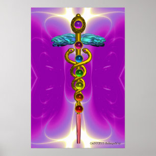 GOLD CADUCEUS 7 CHAKRAS,Yoga,Medical Pink Fuchsia Poster