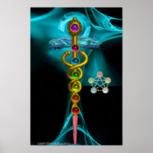 GOLD CADUCEUS AND 7 CHAKRAS IN BLUE FRACTAL ROSE POSTER