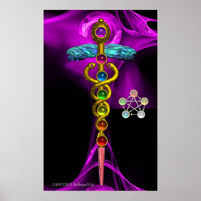 GOLD CADUCEUS AND 7 CHAKRAS IN PURPLE FRACTAL ROSE POSTER (Front)