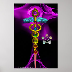 GOLD CADUCEUS AND 7 CHAKRAS IN PURPLE FRACTAL ROSE POSTER