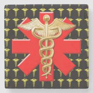 Gold Caduceus And Medical Cross Stone Coaster