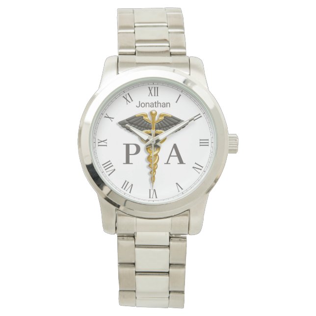 Gold Caduceus Black Wings Name Physician Assistant Watch (Front)