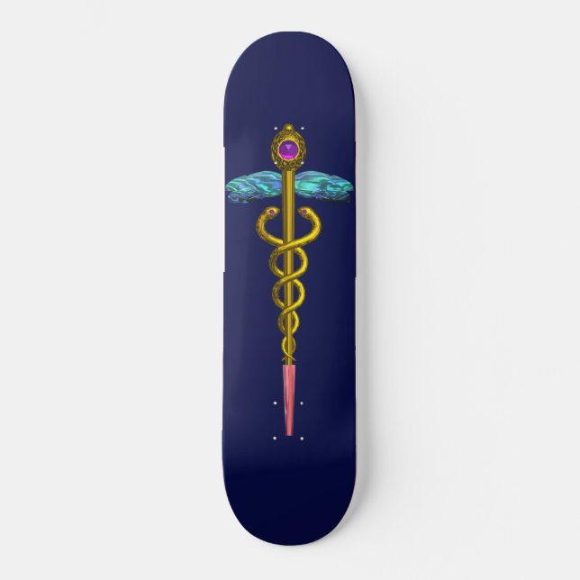 GOLD CADUCEUS Blue Skateboard (Front)