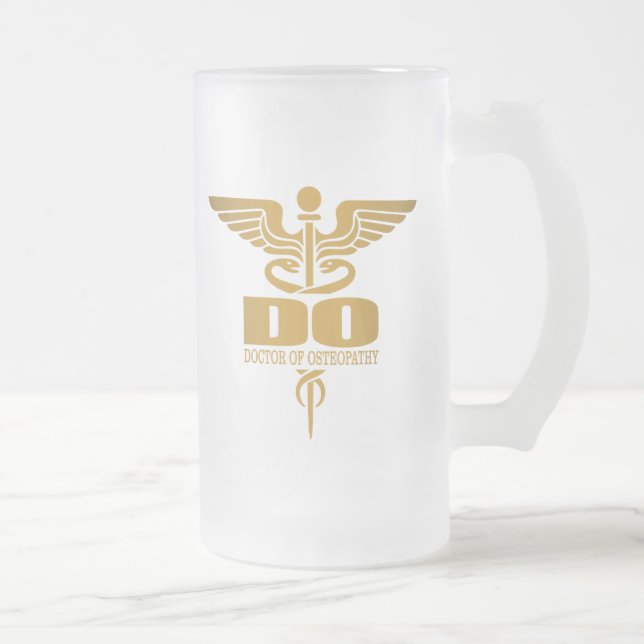 Gold Caduceus (DO) Frosted Glass Beer Mug (Right)