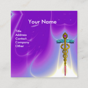 GOLD CADUCEUS,DOCTOR,MEDICAL SERVICE Bright Purple Square Business Card