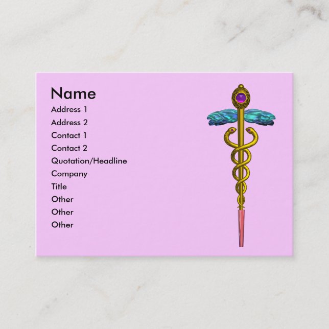 GOLD CADUCEUS,DOCTOR,MEDICAL SERVICE,Pink Purple Business Card (Front)