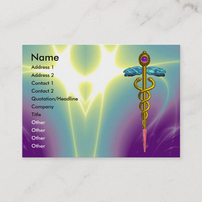GOLD CADUCEUS,DOCTOR,MEDICAL SERVICE Purple Green Business Card (Front)