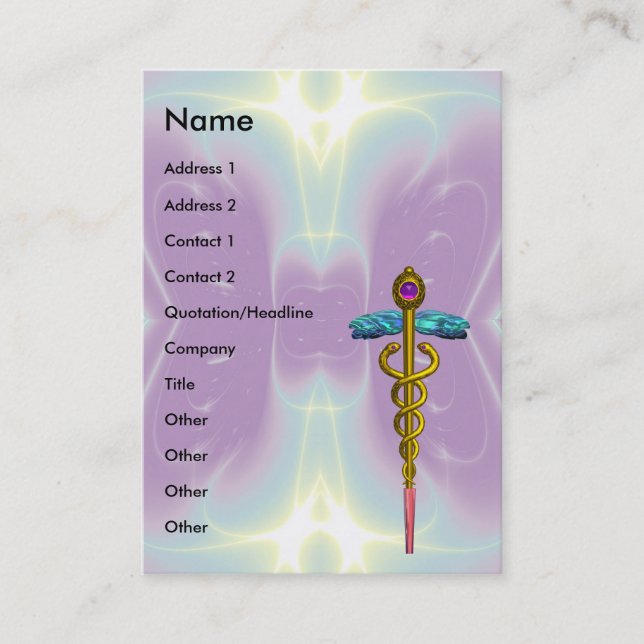 GOLD CADUCEUS,DOCTOR;MEDICAL SERVICE,Purple Teal Business Card (Front)