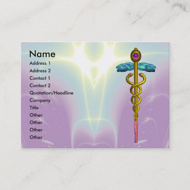 GOLD CADUCEUS,DOCTOR ,MEDICAL SERVICE Purple Teal Business Card (Front)