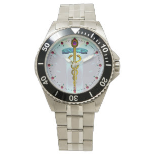 GOLD CADUCEUS, DOCTOR, MEDICAL SYMBOL,Aqua Blue Watch