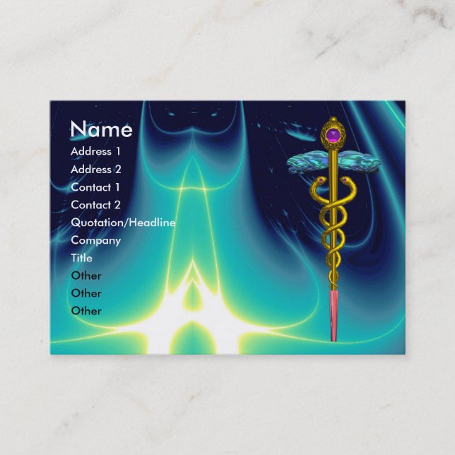 GOLD CADUCEUS DOCTOR,MEDICAL SYMBOL Blue Turquoise Business Card (Front)