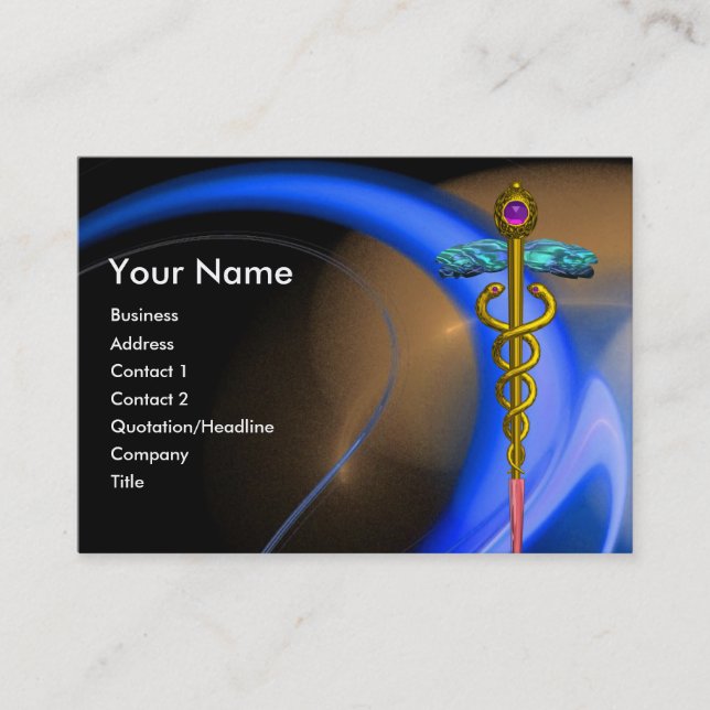 GOLD CADUCEUS IN BLUE PINK YELLOW FRACTAL SWIRLS BUSINESS CARD (Front)