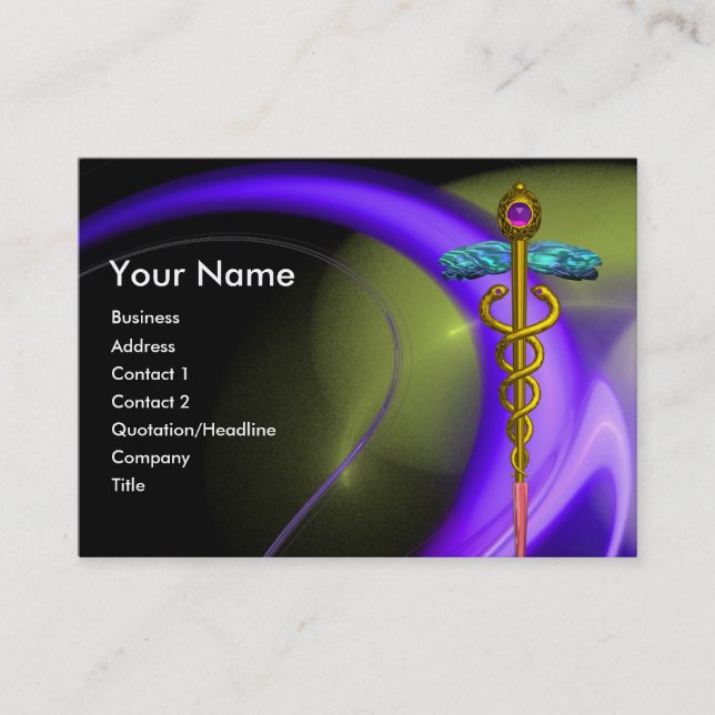 GOLD CADUCEUS IN BLUE PURPLE GREEN FRACTAL SWIRLS BUSINESS CARD (Front)
