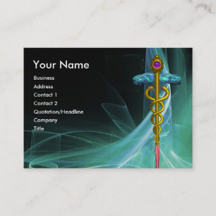 GOLD CADUCEUS IN GREEN BLUE TEAL LIGHT WAVES BUSINESS CARD