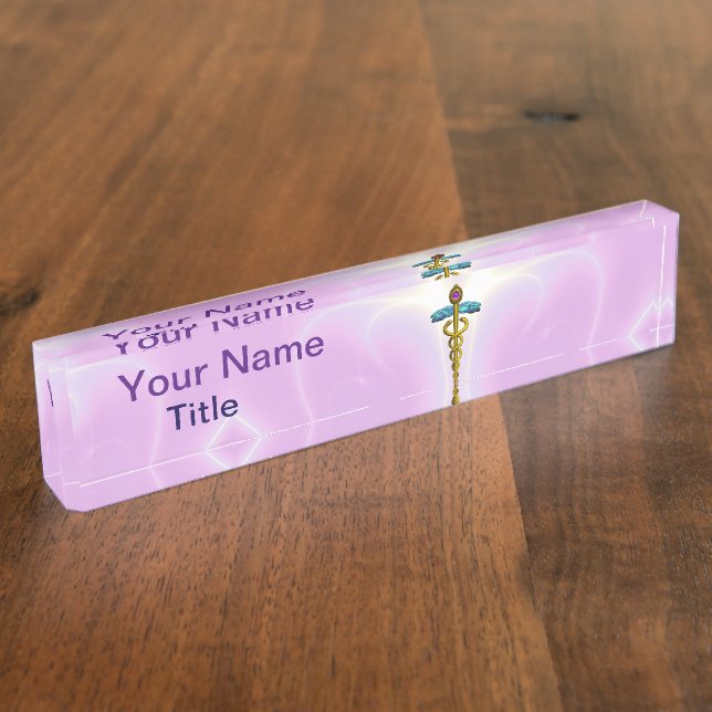 GOLD CADUCEUS , Light Pink Lilac Nameplate (Side)