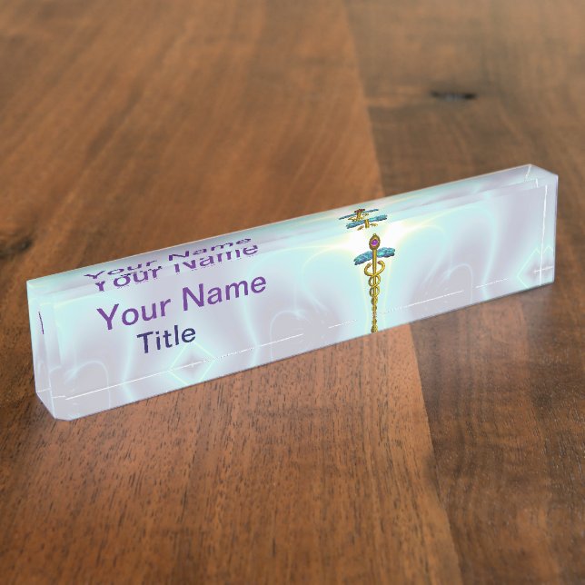 GOLD CADUCEUS , Light Teal Blue Nameplate (Side)