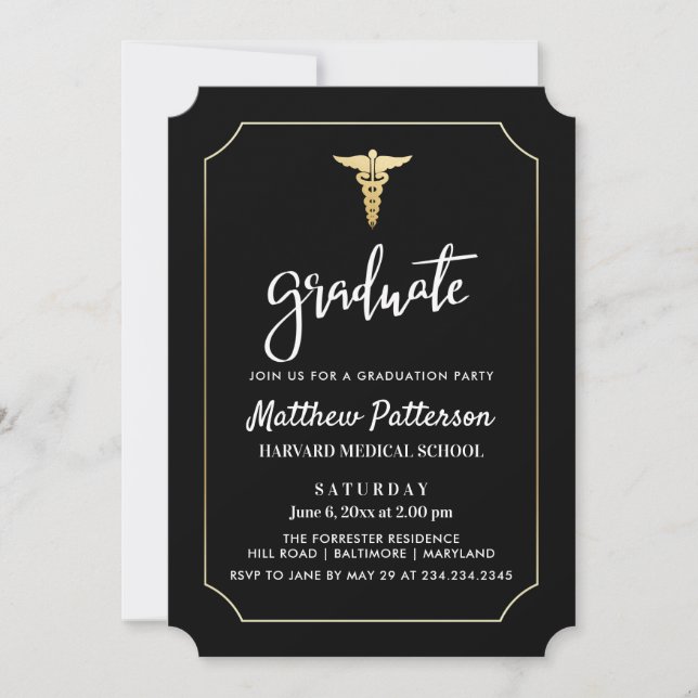 Gold Caduceus Medical Graduate Black Gold Invitation (Front)