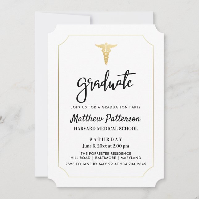 Gold Caduceus Medical Graduate Elegant Gold Invitation (Front)