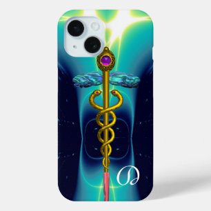 GOLD CADUCEUS MEDICAL MONOGRAM ,Teal Aqua blue iPhone 15 Case