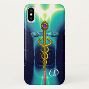 GOLD CADUCEUS MEDICAL MONOGRAM ,Teal Aqua blue iPhone X Case