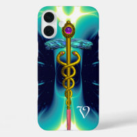 GOLD CADUCEUS MEDICAL MONOGRAM Turquoise Blue