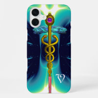 GOLD CADUCEUS MEDICAL MONOGRAM Turquoise Blue