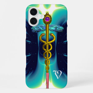 GOLD CADUCEUS MEDICAL MONOGRAM Turquoise Blue iPhone 16 Plus Case