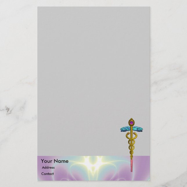 GOLD CADUCEUS Medical Pink Blue Stationery (Front)