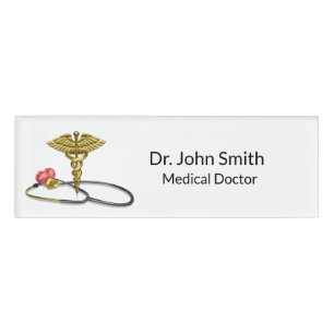 Gold Caduceus & Medical Stethoscope with Heart Name Tag