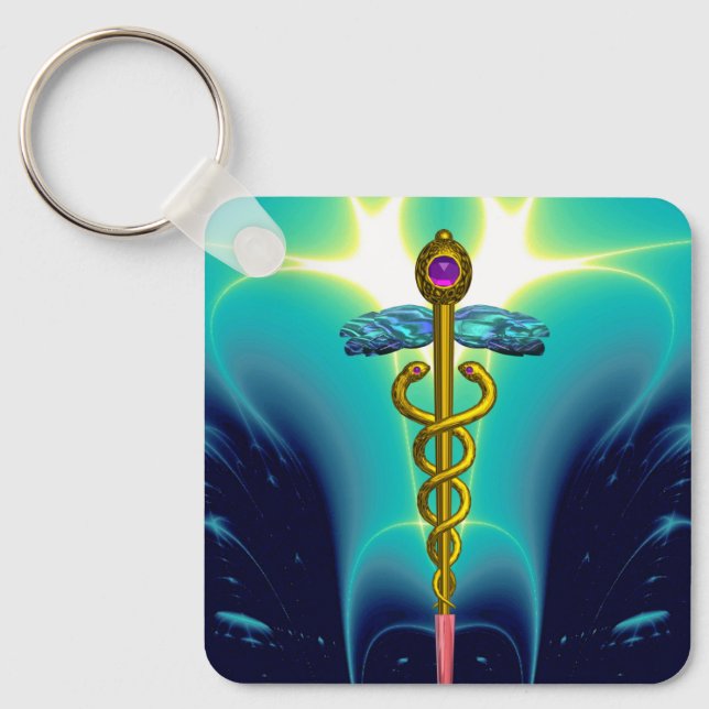 GOLD CADUCEUS MEDICAL SYMBOL Aqua Blue Turquoise Key Ring (Front)