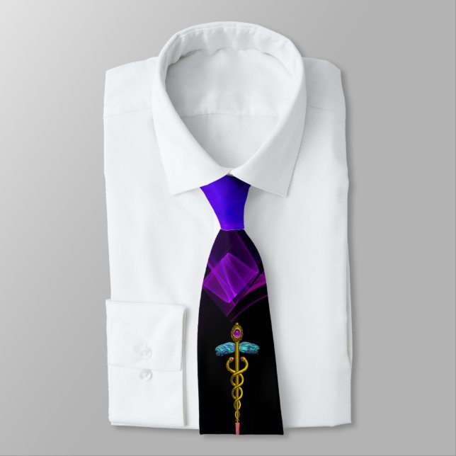 GOLD CADUCEUS MEDICAL SYMBOL  Black Purple Swirls Tie (Tied)