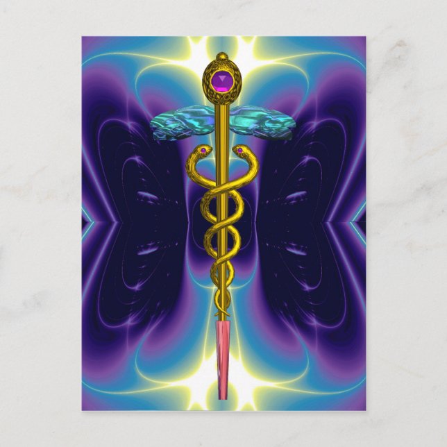 GOLD CADUCEUS MEDICAL SYMBOL BLUE PURPLE FRACTALS POSTCARD (Front)