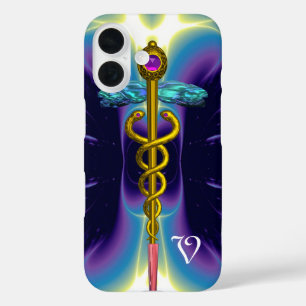 GOLD CADUCEUS MEDICAL SYMBOL ,Blue Purple Monogram iPhone 16 Case