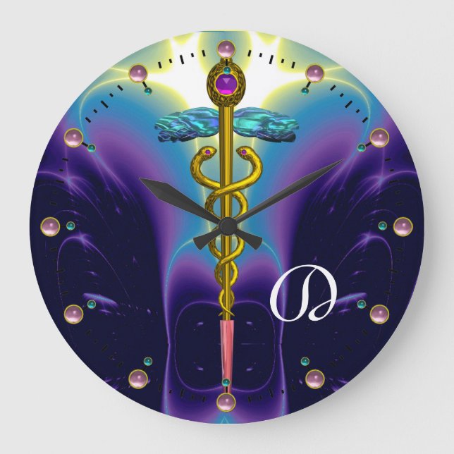 GOLD CADUCEUS Medical Symbol Blue Purple Monogram Large Clock (Front)