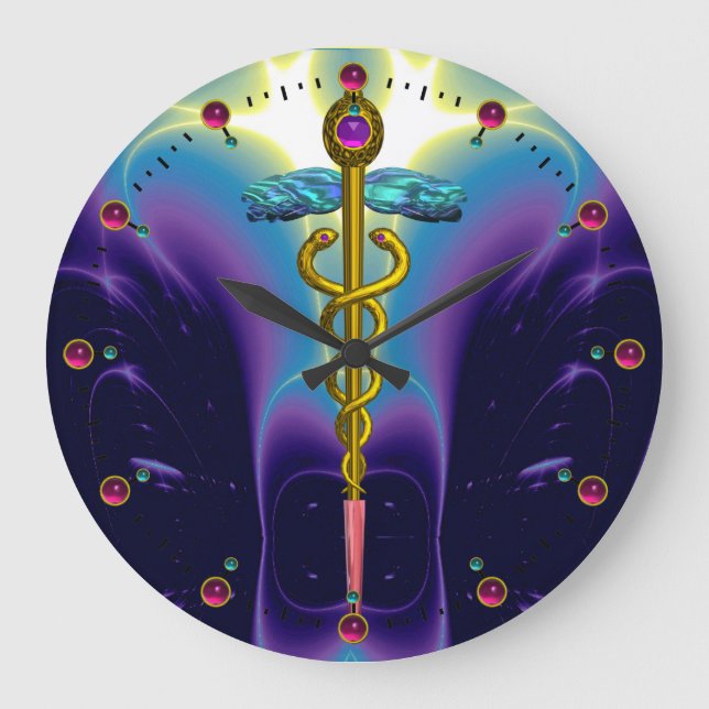 GOLD CADUCEUS Medical Symbol Blue Purple Waves Large Clock (Front)