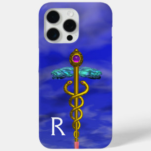 GOLD CADUCEUS MEDICAL SYMBOL Blue Sky Monogram iPhone 15 Pro Max Case