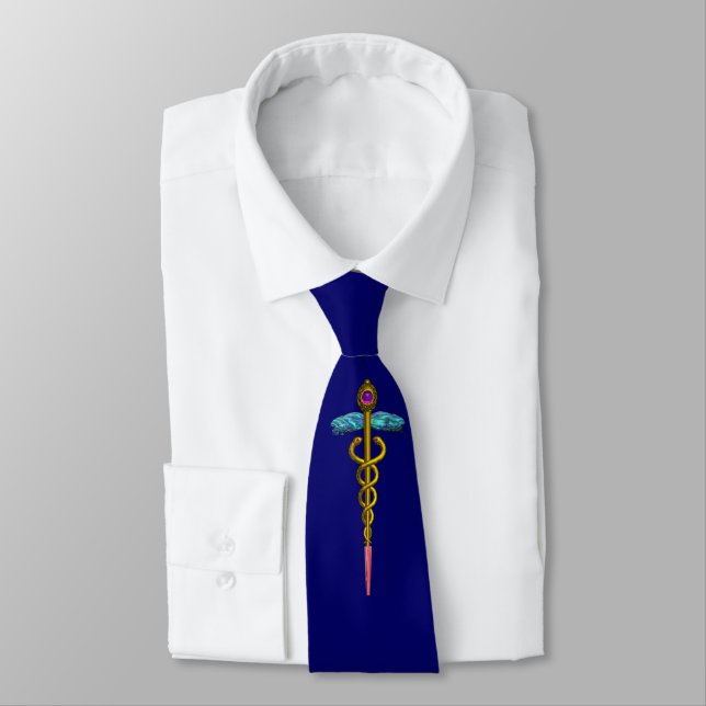 GOLD CADUCEUS MEDICAL SYMBOL , Blue Tie (Tied)