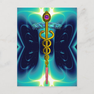GOLD CADUCEUS MEDICAL SYMBOL BLUE TURQUOISE POSTCARD