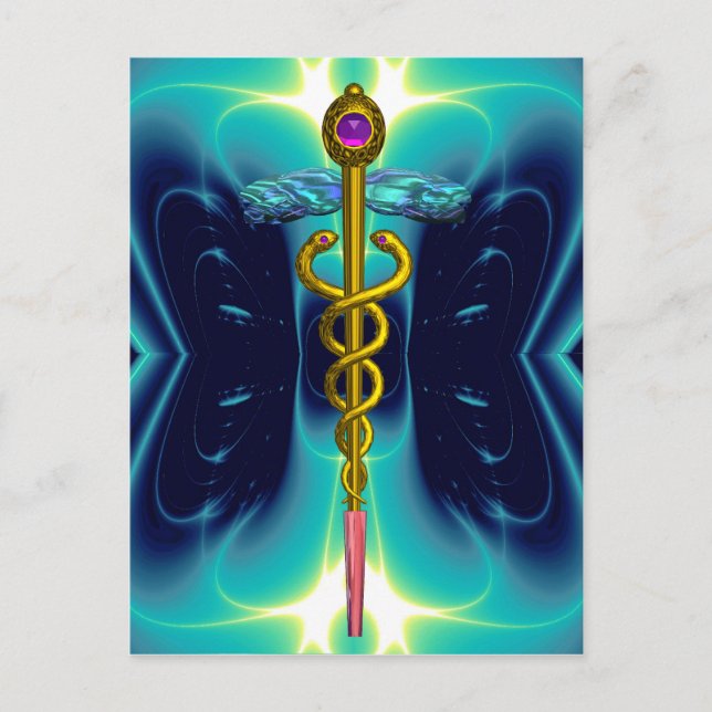 GOLD CADUCEUS MEDICAL SYMBOL BLUE TURQUOISE POSTCARD (Front)