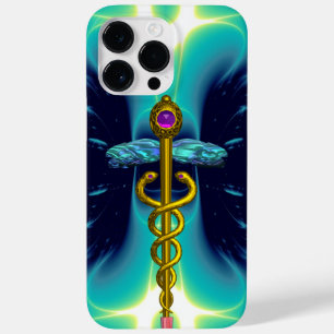 GOLD CADUCEUS MEDICAL SYMBOL ,Blue Turquoise Teal Case-Mate iPhone 14 Pro Max Case
