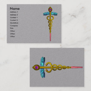 GOLD CADUCEUS MEDICAL SYMBOL Grey Paper Business Card