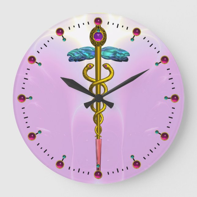 GOLD CADUCEUS Medical Symbol Light Pink Large Clock (Front)