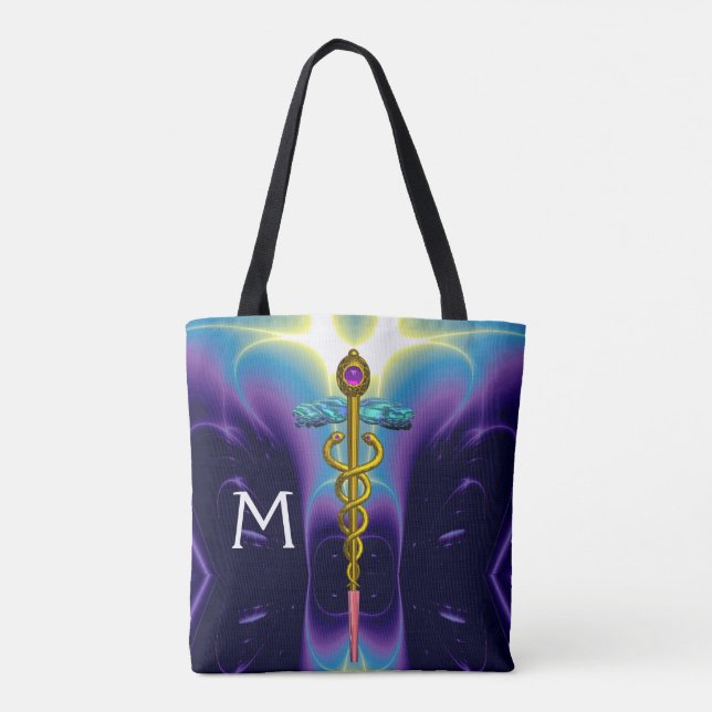GOLD CADUCEUS MEDICAL SYMBOL MONOGRAM, Purple Blue Tote Bag (Back)