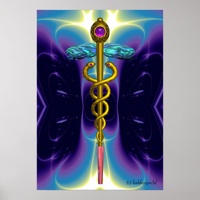 GOLD CADUCEUS Medical Symbol Purple Blue Waves Poster (Front)
