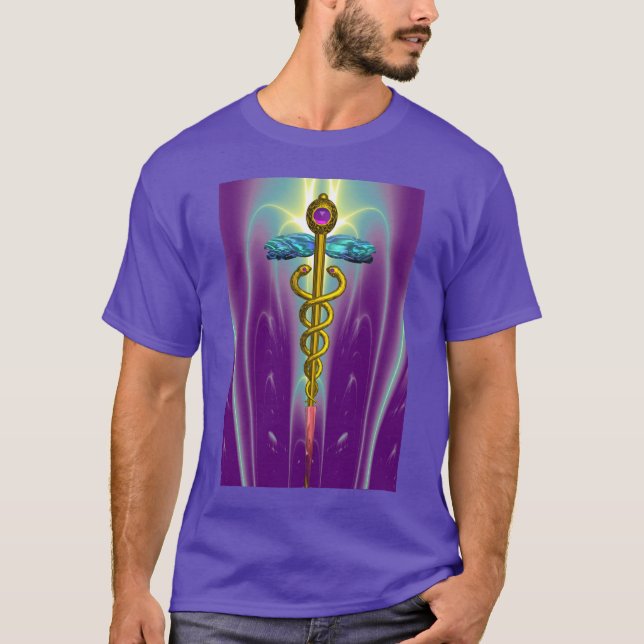 GOLD CADUCEUS MEDICAL SYMBOL ,Purple Green T-Shirt (Front)