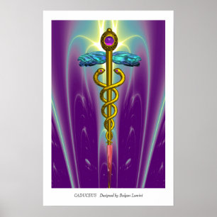 GOLD CADUCEUS Medical Symbol Purple Green Waves Poster