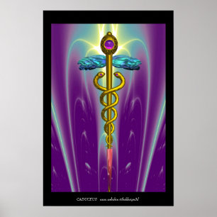 GOLD CADUCEUS Medical Symbol Purple Green Waves Poster