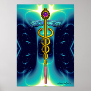 GOLD CADUCEUS Medical Symbol Teal Aqua Blue Waves Poster