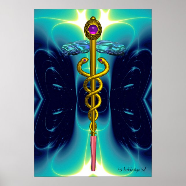 GOLD CADUCEUS Medical Symbol Teal Aqua Blue Waves Poster (Front)